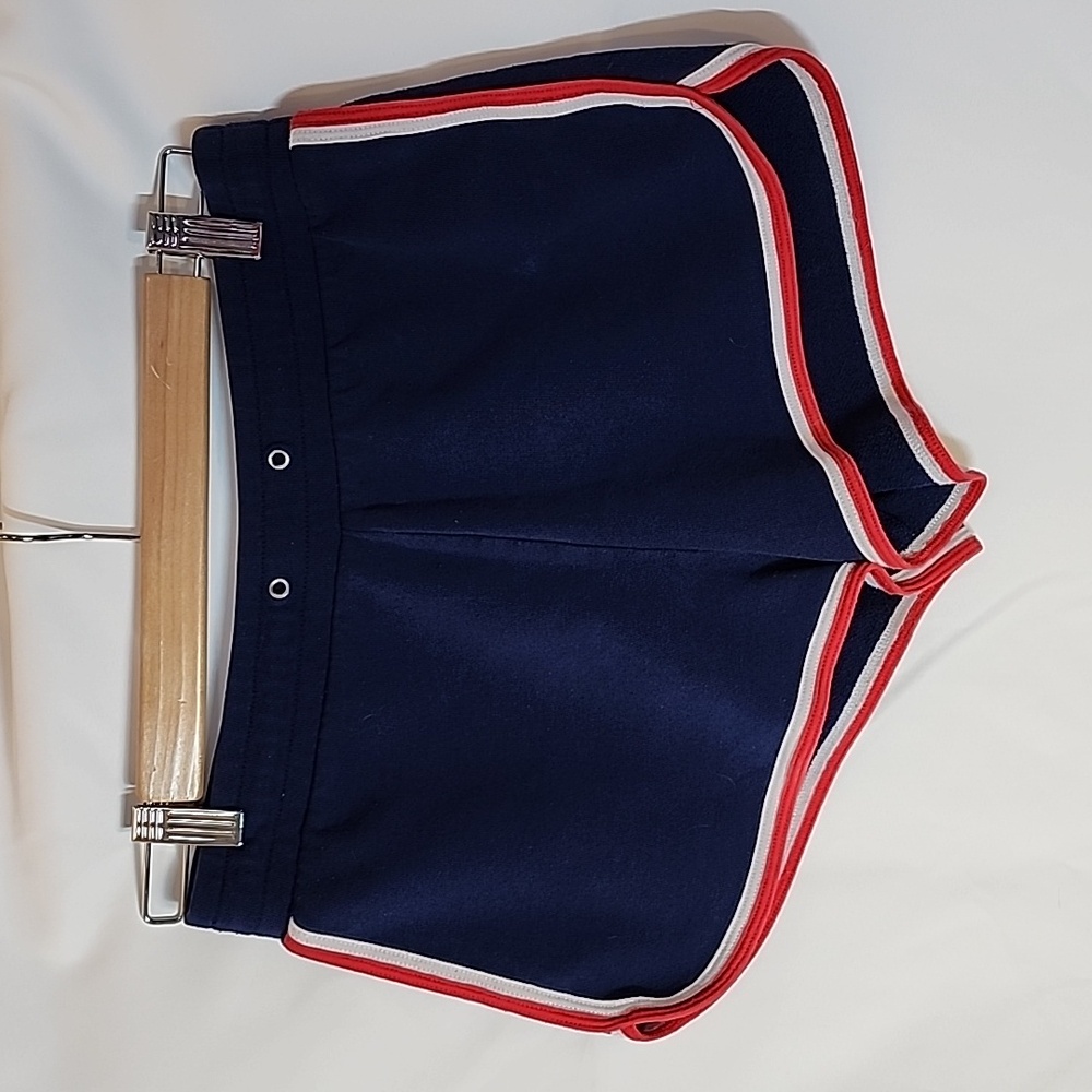 Sporty Navy Blue Women's Shorts with Red and White Stripe Trim